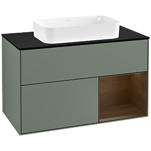 Villeroy und Boch Finion Waschtischunterschrank F252GNGM 100x60,3cm, Abdeckplatte black matt, Regal rechts Walnut veneer, Olive Matt Lacquer