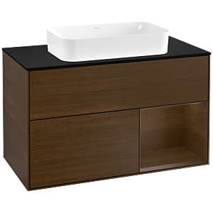 Villeroy und Boch Finion Waschtischunterschrank F252GNGN 100x60,3cm, Abdeckplatte black matt, Regal rechts Walnut veneer, Walnut veneer