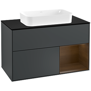 Villeroy und Boch Finion Waschtischunterschrank F252GNHG 100x60,3cm, Abdeckplatte black matt, Regal rechts Walnut veneer, Midnight Blue Matt Lacquer