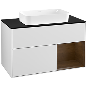 Villeroy und Boch Finion Waschtischunterschrank F252GNMT 100x60,3cm, Abdeckplatte black matt, Regal rechts Walnut veneer, White matt lacquer