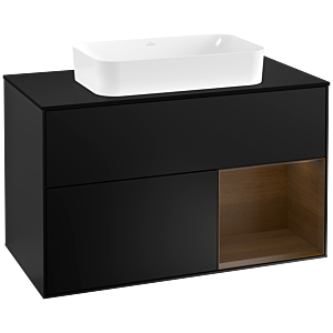 Villeroy und Boch Finion Waschtischunterschrank F252GNPD 100x60,3cm, Abdeckplatte black matt, Regal rechts Walnut veneer, Black matt lacquer