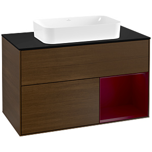 Villeroy und Boch Finion Waschtischunterschrank F252HBGN 100x60,3cm, Abdeckplatte black matt, Regal rechts Peony, Walnut veneer