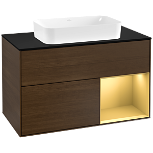 Villeroy und Boch Finion Waschtischunterschrank F252HFGN 100x60,3cm, Abdeckplatte black matt, Regal rechts Gold matt, Walnut veneer