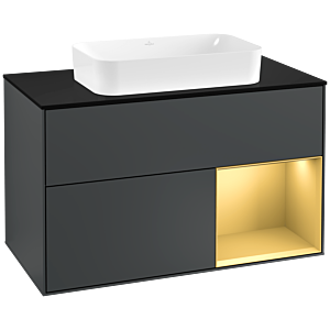Villeroy und Boch Finion Waschtischunterschrank F252HFHG 100x60,3cm, Abdeckplatte black matt, Regal rechts Gold matt, Midnight Blue Matt Lacquer