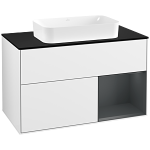 Villeroy et Boch Finion Villeroy et Boch F252HGGF 100x60,3cm, plaque de finition noir mat, étagère à droite Midnight Blue Matt Lacquer , laqué blanc brillant