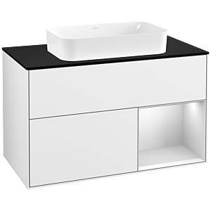 Villeroy et Boch Finion Villeroy et Boch F252MTGF 100x60,3cm, plaque de finition noir mat, étagère à droite laqué blanc mat, laqué blanc brillant