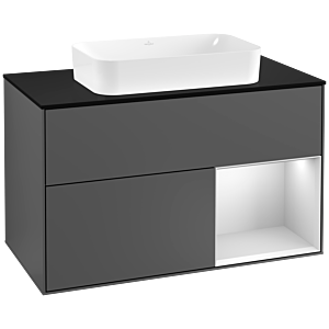Villeroy und Boch Finion Waschtischunterschrank F252MTGK 100x60,3cm, Abdeckplatte black matt, Regal rechts White matt lacquer, Anthracite matt