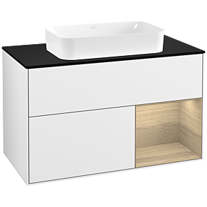 Villeroy et Boch Finion Villeroy et Boch F252PCGF 100x60,3cm, plaque de finition noir mat, étagère à droite Oak Veneer , laqué blanc brillant