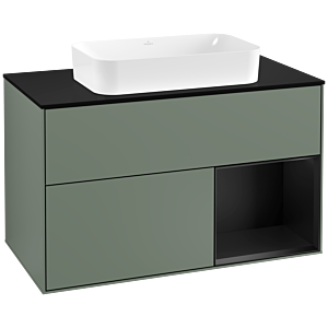 Villeroy et Boch Finion Villeroy et Boch F252PDGM 100x60,3cm, plaque de finition noir mat, étagère à droite laqué noir mat, Olive Matt Lacquer