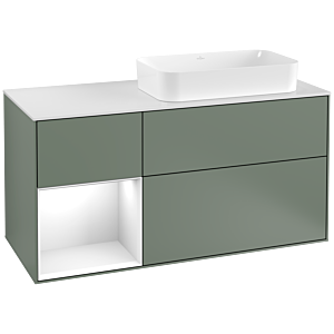 Villeroy und Boch Finion Waschtischunterschrank F271GFGM 120cm, Abdeckplatte white matt, Regal links Glossy white lacquer, Olive Matt Lacquer