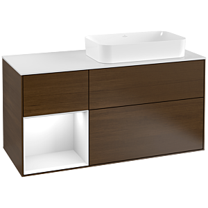 Villeroy und Boch Finion Waschtischunterschrank F271GFGN 120cm, Abdeckplatte white matt, Regal links Glossy white lacquer, Walnut veneer