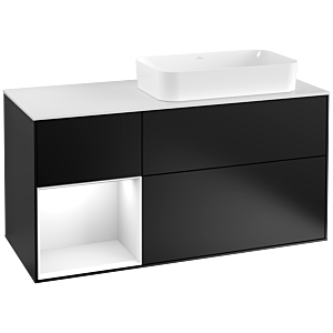 Villeroy und Boch Finion Waschtischunterschrank F271GFPD 120cm, Abdeckplatte white matt, Regal links Glossy white lacquer, Black matt lacquer