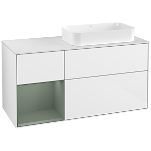 Villeroy und Boch Finion Waschtischunterschrank F271GMGF 120cm, Abdeckplatte white matt, Regal links Olive Matt Lacquer, Glossy white lacquer