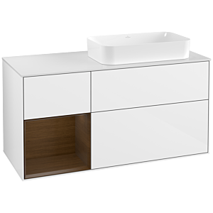 Villeroy et Boch Finion Villeroy et Boch F271GNGF 120cm, plaque de finition blanc mat, étagère gauche placage noyer, laqué blanc brillant