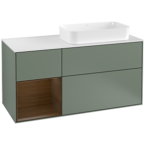 Villeroy und Boch Finion Waschtischunterschrank F271GNGM 120cm, Abdeckplatte white matt, Regal links Walnut veneer, Olive Matt Lacquer