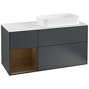 Villeroy und Boch Finion Waschtischunterschrank F271GNHG 120cm, Abdeckplatte white matt, Regal links Walnut veneer, Midnight Blue Matt Lacquer