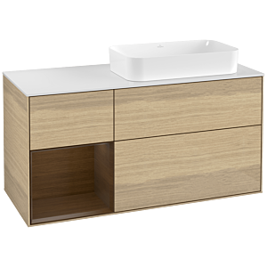Villeroy und Boch Finion Waschtischunterschrank F271GNPC 120cm, Abdeckplatte white matt, Regal links Walnut veneer, Oak Veneer