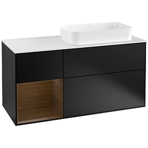 Villeroy und Boch Finion Waschtischunterschrank F271GNPD 120cm, Abdeckplatte white matt, Regal links Walnut veneer, Black matt lacquer