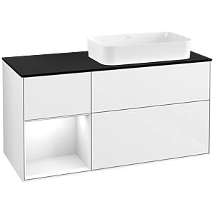 Villeroy und Boch Finion Waschtischunterschrank F272GFGF 120cm, Abdeckplatte black matt, Regal links Glossy white lacquer, Glossy white lacquer