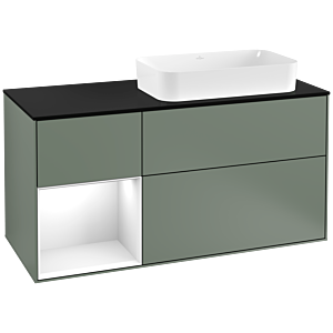 Villeroy und Boch Finion Waschtischunterschrank F272GFGM 120cm, Abdeckplatte black matt, Regal links Glossy white lacquer, Olive Matt Lacquer
