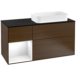 Villeroy und Boch Finion Waschtischunterschrank F272GFGN 120cm, Abdeckplatte black matt, Regal links Glossy white lacquer, Walnut veneer