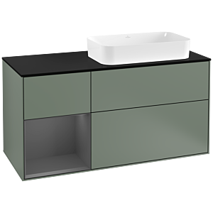 Villeroy und Boch Finion Waschtischunterschrank F272GKGM 120cm, Abdeckplatte black matt, Regal links Anthracite matt, Olive Matt Lacquer