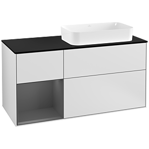 Villeroy und Boch Finion Waschtischunterschrank F272GKMT 120cm, Abdeckplatte black matt, Regal links Anthracite matt, White matt lacquer