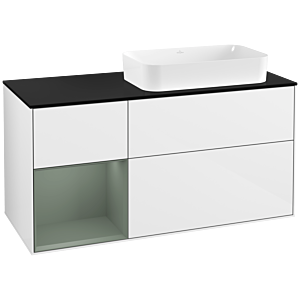 Villeroy und Boch Finion Waschtischunterschrank F272GMGF 120cm, Abdeckplatte black matt, Regal links Olive Matt Lacquer, Glossy white lacquer