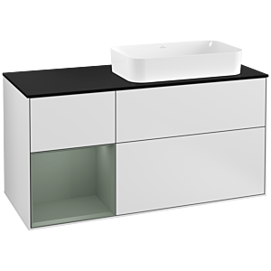 Villeroy und Boch Finion Waschtischunterschrank F272GMMT 120cm, Abdeckplatte black matt, Regal links Olive Matt Lacquer, White matt lacquer