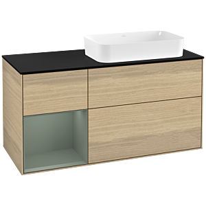 Villeroy und Boch Finion Waschtischunterschrank F272GMPC 120cm, Abdeckplatte black matt, Regal links Olive Matt Lacquer, Oak Veneer