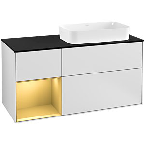 Villeroy und Boch Finion Waschtischunterschrank F272HFMT 120cm, Abdeckplatte black matt, Regal links Gold matt, White matt lacquer