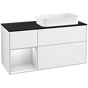 Villeroy und Boch Finion Waschtischunterschrank F272MTGF 120cm, Abdeckplatte black matt, Regal links White matt lacquer, Glossy white lacquer