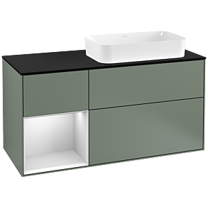 Villeroy und Boch Finion Waschtischunterschrank F272MTGM 120cm, Abdeckplatte black matt, Regal links White matt lacquer, Olive Matt Lacquer