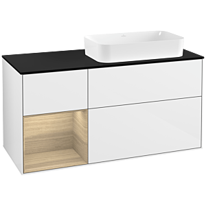 Villeroy und Boch Finion Waschtischunterschrank F272PCGF 120cm, Abdeckplatte black matt, Regal links Oak Veneer, Glossy white lacquer
