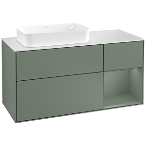 Villeroy und Boch Finion Waschtischunterschrank F281GMGM 120cm, Abdeckplatte white matt, Regal rechts Olive Matt Lacquer, Olive Matt Lacquer