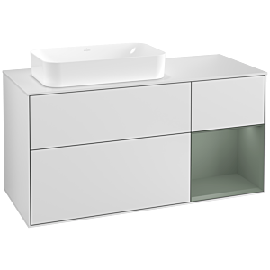 Villeroy und Boch Finion Waschtischunterschrank F281GMMT 120cm, Abdeckplatte white matt, Regal rechts Olive Matt Lacquer, White matt lacquer