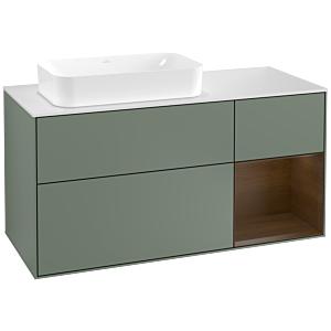 Villeroy und Boch Finion Waschtischunterschrank F281GNGM 120cm, Abdeckplatte white matt, Regal rechts Walnut veneer, Olive Matt Lacquer
