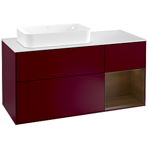 Villeroy und Boch Finion Waschtischunterschrank F281GNHB 120cm, Abdeckplatte white matt, Regal rechts Walnut veneer, Peony Matt