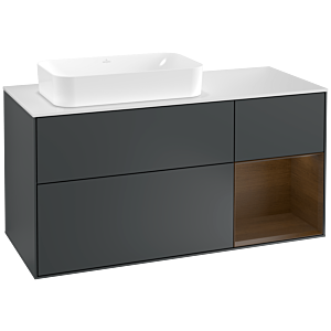 Villeroy und Boch Finion Waschtischunterschrank F281GNHG 120cm, Abdeckplatte white matt, Regal rechts Walnut veneer, Midnight Blue Matt Lacquer