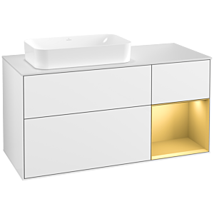 Villeroy und Boch Finion Waschtischunterschrank F281HFGF 120cm, Abdeckplatte white matt, Regal rechts Gold matt, Glossy white lacquer