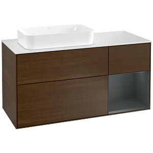 Villeroy und Boch Finion Waschtischunterschrank F281HGGN 120cm, Abdeckplatte white matt, Regal rechts Midnight Blue Matt Lacquer, Walnut veneer