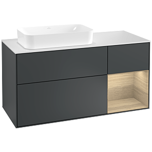 Villeroy und Boch Finion Waschtischunterschrank F281PCHG 120cm, Abdeckplatte white matt, Regal rechts Oak Veneer, Midnight Blue Matt Lacquer