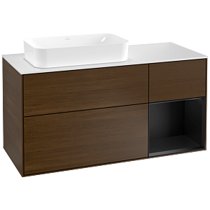 Villeroy und Boch Finion Waschtischunterschrank F281PDGN 120cm, Abdeckplatte white matt, Regal rechts Black matt lacquer, Walnut veneer