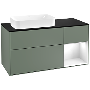 Villeroy und Boch Finion Waschtischunterschrank F282GFGM 120cm, Abdeckplatte black matt, Regal rechts Glossy white lacquer, Olive Matt Lacquer