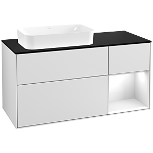 Villeroy und Boch Finion Waschtischunterschrank F282GFMT 120cm, Abdeckplatte black matt, Regal rechts Glossy white lacquer, White matt lacquer