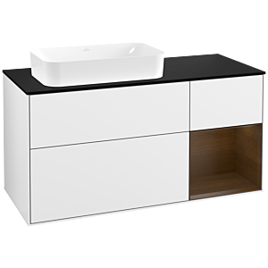 Villeroy et Boch Finion Villeroy et Boch F282GNGF 120cm, plaque de finition noir mat, étagère droite placage noyer, laqué blanc brillant