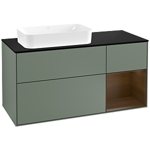 Villeroy et Boch Finion Villeroy et Boch F282GNGM 120cm, plaque de finition noir mat, étagère droite placage noyer, Olive Matt Lacquer