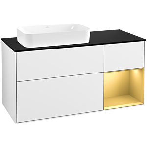 Villeroy und Boch Finion Waschtischunterschrank F282HFGF 120cm, Abdeckplatte black matt, Regal rechts Gold matt, Glossy white lacquer