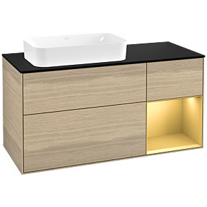 Villeroy und Boch Finion Waschtischunterschrank F282HFPC 120cm, Abdeckplatte black matt, Regal rechts Gold matt, Oak Veneer