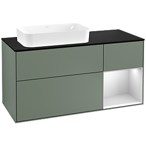 Villeroy und Boch Finion Waschtischunterschrank F282MTGM 120cm, Abdeckplatte black matt, Regal rechts White matt lacquer, Olive Matt Lacquer